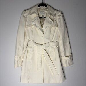 VINTAGE Ivory Off White Trench Coat with Grey Stitching Jacket WHBM Small Cotton